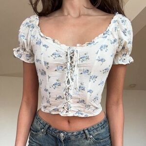 AMERICAN EAGLE* Off The Shoulder Puff Sleeved Floral Top